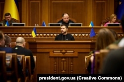 Ukrainian President Volodymyr Zelenskiy delivers a speech in the Verkhovna Rada in Kyiv on February 7.