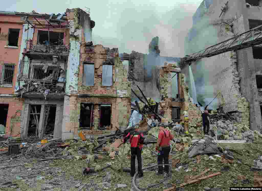 Rescue workers combed through the smoldering rubble of the residential building that was targeted in Mykolayiv.&nbsp; Russia has stepped up missile and drone attacks on&nbsp;Ukraine&#39;s Black Sea ports and surrounding areas since withdrawing from a year-old U.N.-brokered deal on July 17 allowing the safe passage of Ukrainian grain shipments.