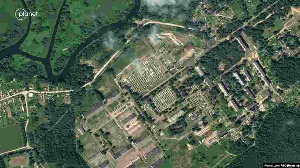 A satellite image of a military base in Tsel, Belarus, on July 16. The site is believed to be the main encampment of Wagner fighters after the Russian mercenary group abandoned an uprising against Russia&#39;s military leadership in June.&nbsp;&nbsp; &nbsp;