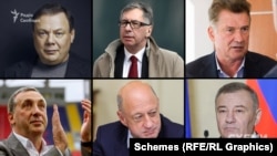 Left to right: Sanctioned Russian oligarchs Mikhail Fridman, Pyotr Aven, Andrei Kosogov, Yevgeny Giner, Aleksandr Babakov, and Arkady Rotenberg. Ukraine has issued decrees to sanction thousands of Russia's most prominent citizens, including individuals whose assets rank among the largest in Ukraine, for alleged connections to Russia's 2022 invasion. 