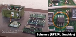 An Analog Devices amplifier of the AD822 series (right) that Ukraine found inside of an "Aqueduct" radio system used by Russian forces in Ukraine. The recovered radio system and its components were shown to Schemes, the investigative unit of RFE/RL's Ukrainian Service, by Ukraine's Main Directorate of Intelligence (HUR).