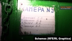 In the Kherson detention center’s cell No. 5, which prison staff said was not used before the Russian takeover, a Russian list identifies the cell’s four male occupants.