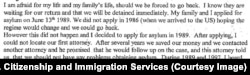 An excerpt from Mr. X's U.S. asylum application submitted in 2004 in which he suggests he may have returned to Iran during the period in which Farrokhzad was murdered in Bonn.