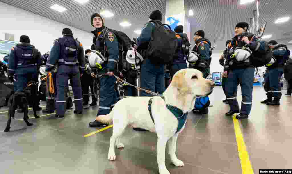 A rescue team from the Russian Emergencies Ministry is seen at Zhukovsky lnternational Airport, near Moscow, on February 6. More than 100 Russian rescue personnel have been sent to both Turkey and Syria.&nbsp;