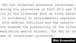 A screenshot of an unclassified FBI report summarizing the status of the bureau’s efforts to pinpoint why Kara-Murza fell mysteriously ill.